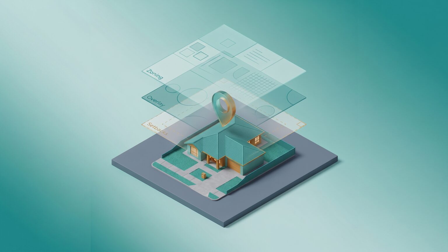 An isometric residential block with zoning, overlay and setback planning layers lifting off it.