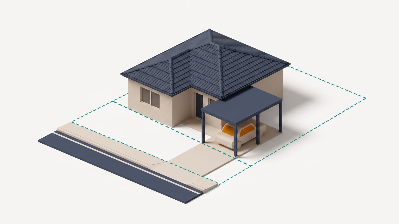 An isometric Australian house with an open flat-roof carport sheltering a car beside it, a dashed teal building line running across the front of the block between the house and the street.