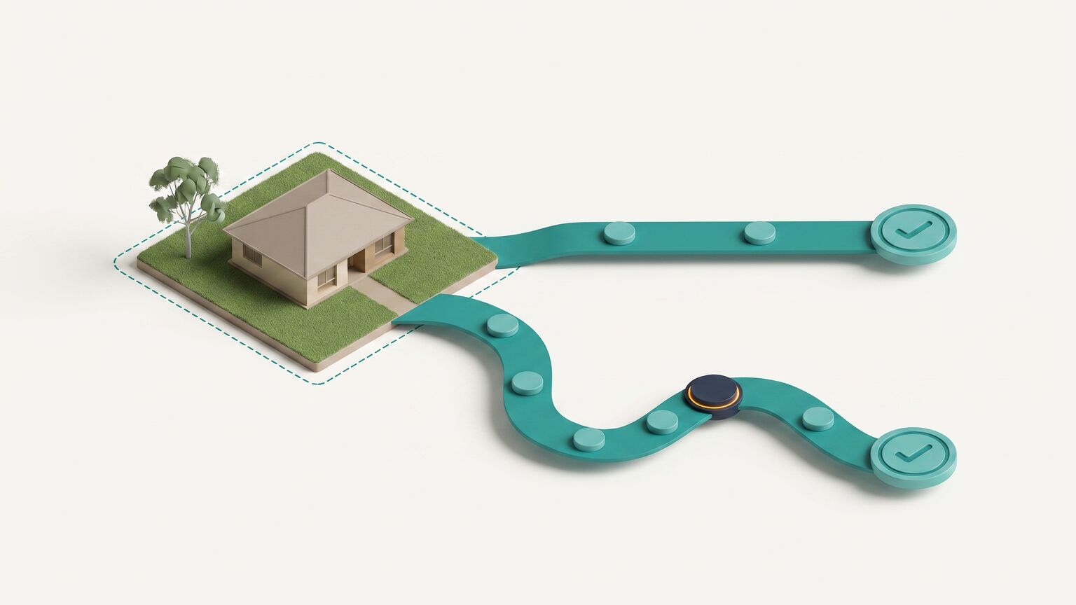 Isometric Australian suburban block with a single-storey house, and two approval pathways leaving it: a short straight teal route through two checkpoints to an approval badge, and a longer winding route through five checkpoints, one of them a dark assessment stage, to its own approval badge.