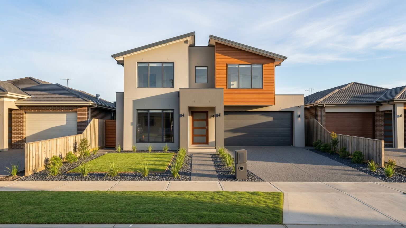 A newly built contemporary two-storey Australian home with render and timber cladding on a suburban street.