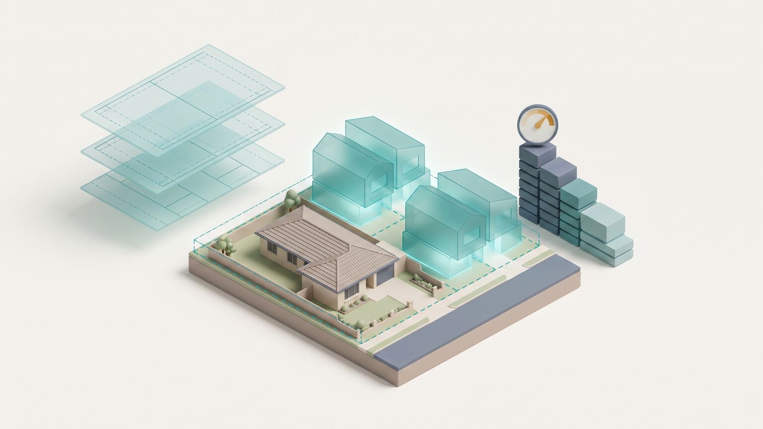 Isometric Australian residential block with three proposed townhouse volumes ghosted in teal, translucent planning layers lifting off the site, and a stacked cost build-up topped by a small verdict gauge.