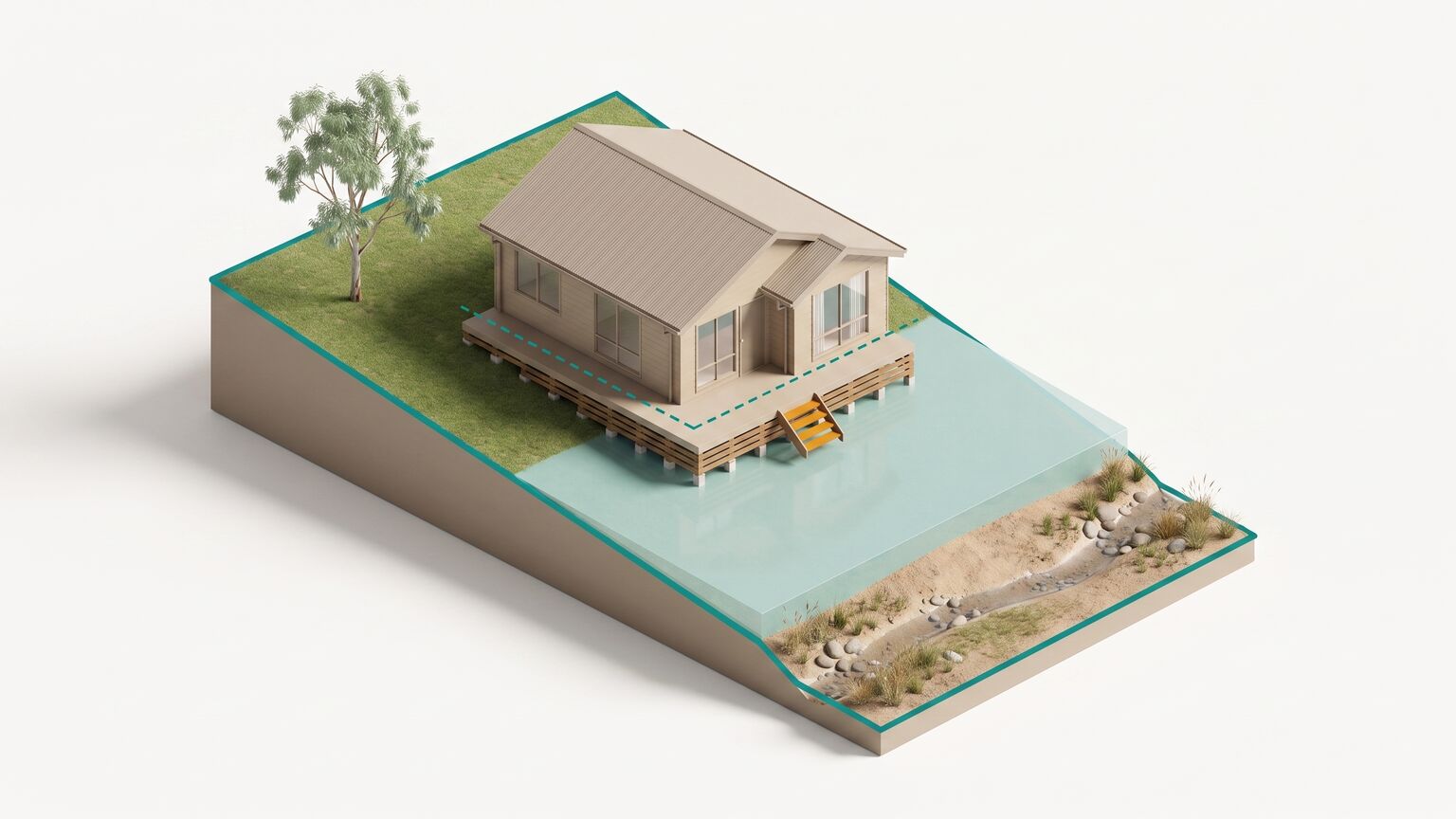 Isometric Australian house raised on piers above a gently sloping block, a translucent teal water plane covering the low half of the site, a dashed teal line marking the required floor level above it, and a dry watercourse curving past the low corner.