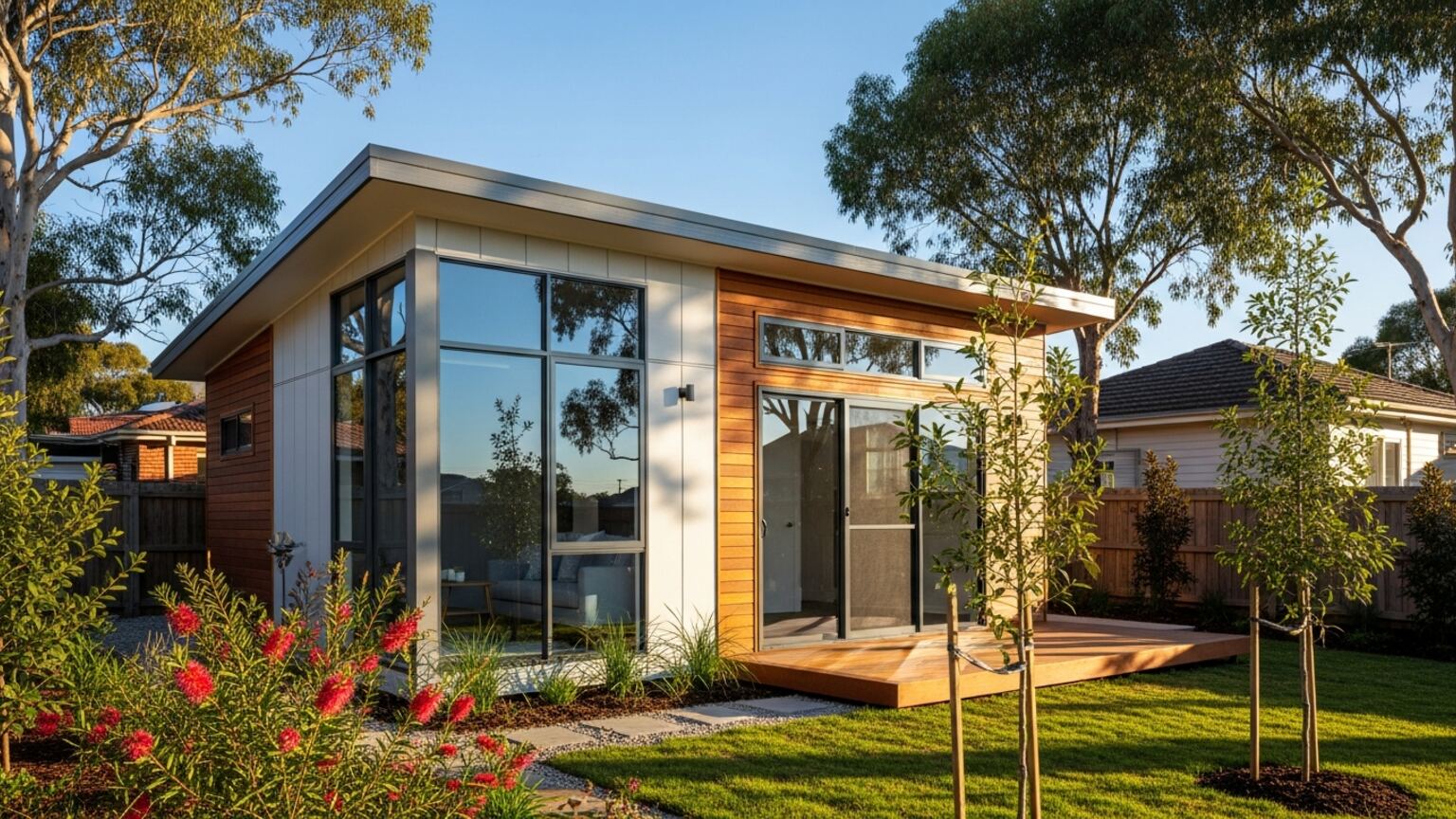 A modern Australian granny flat with a skillion roof and timber cladding in a landscaped suburban backyard.