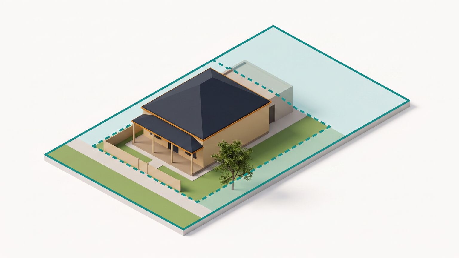 Isometric Australian period cottage with a deep verandah and a low front fence, a solid teal property boundary around the whole site, a dashed teal line set inside it enclosing the cottage and its proposed extension, and a translucent rear addition ghosted in behind the original roofline.