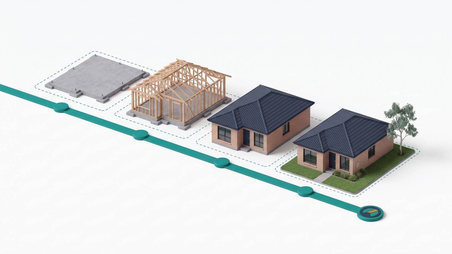Isometric illustration of the same single-storey brick house on four suburban blocks, at slab, frame, lock-up and finished stages, joined by a teal timeline with a checkpoint at each stage.
