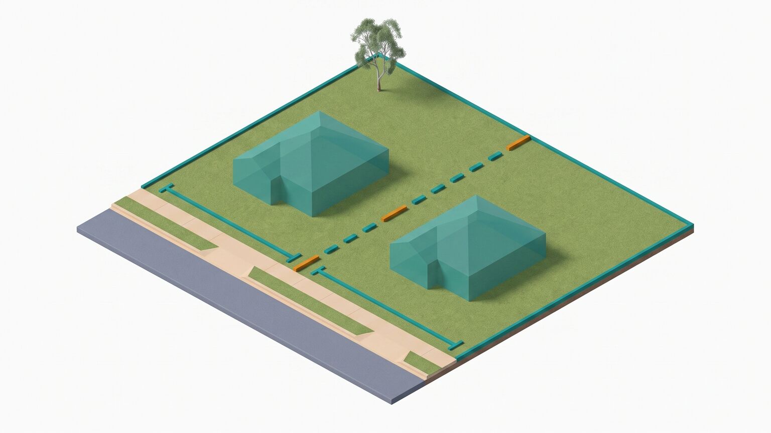 Isometric Australian suburban block meeting a street, divided by a dashed teal line into two side-by-side lots, with a separate teal measure bar marking each new lot's width of street frontage along the front boundary.