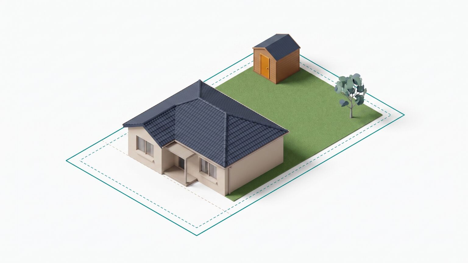 An isometric Australian residential block with a small garden shed in the rear corner behind the house, dashed teal boundary and setback clearance lines marking the required gaps.