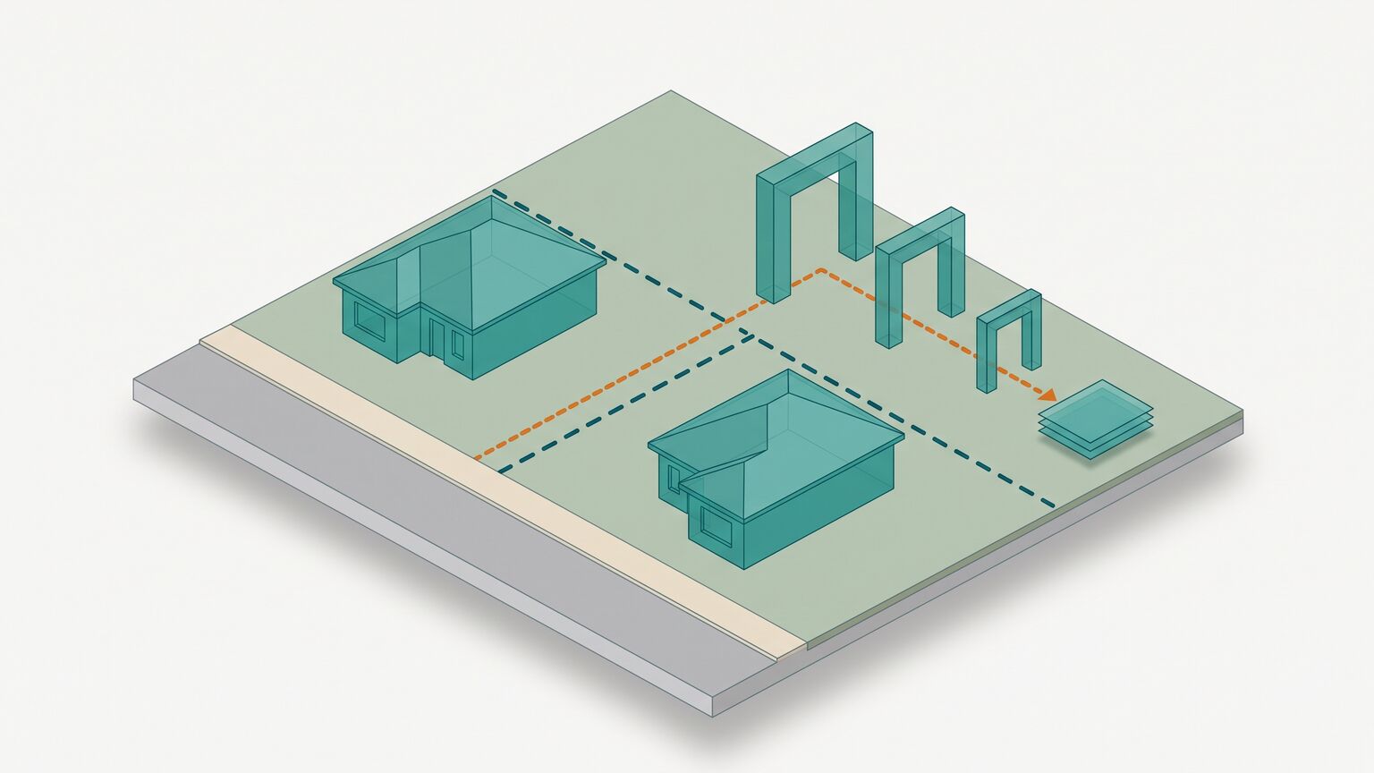 Isometric illustration of a suburban block divided by a dashed line into two lots, with an orange path running through three teal gateways of decreasing openness towards a small stack of title documents.