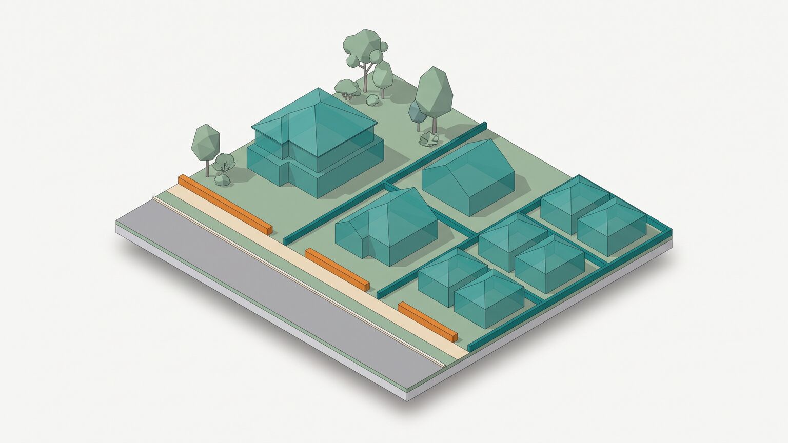Isometric illustration of three suburban blocks side by side along one street, holding one, two and four teal house forms respectively, with an orange measure bar along each block's street frontage growing shorter as the density increases.