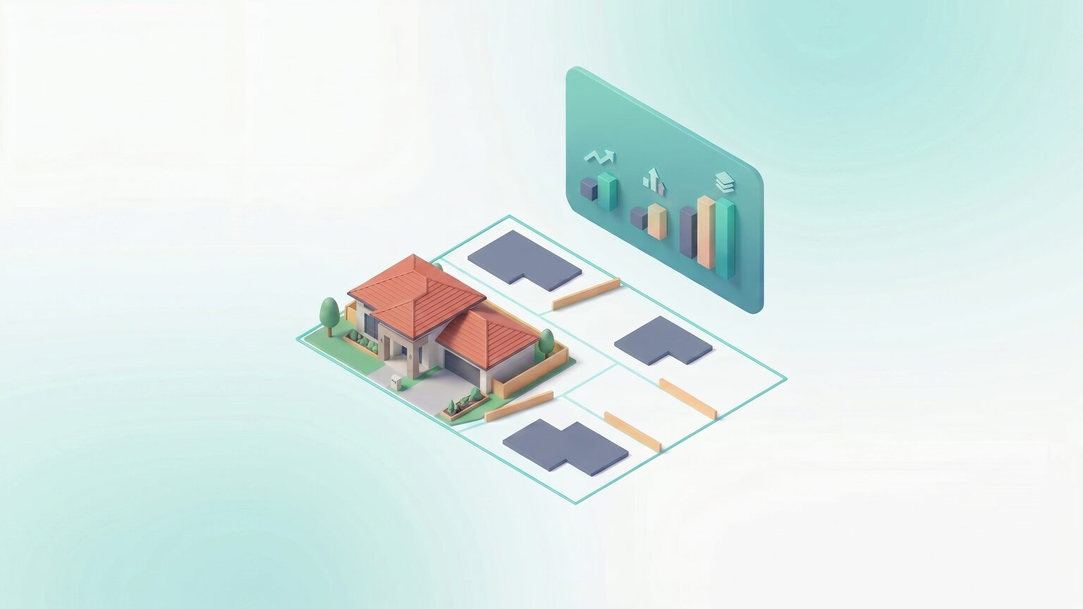 An isometric residential block subdivided into lots beside a feasibility verdict panel of charts and figures.