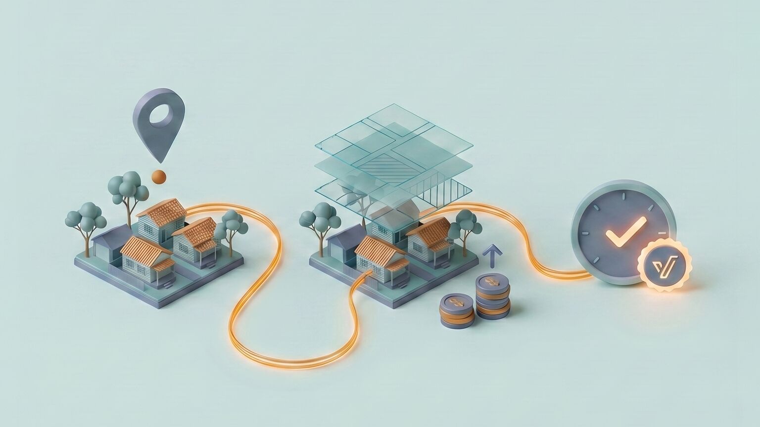 Three connected stages: drop a pin on an address, planning rules and build cost lift off the block, then a verdict is returned — all linked by a single thread.